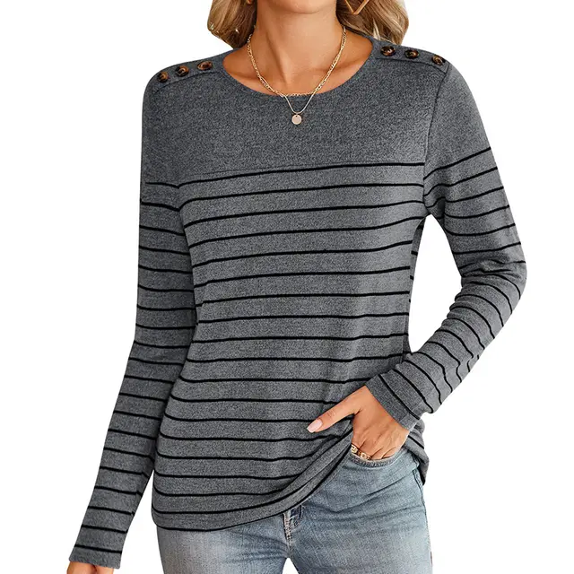 Striped Contrast Color Round Neck Long Sleeve Button Top Dark Gray - Shop at LoveMi