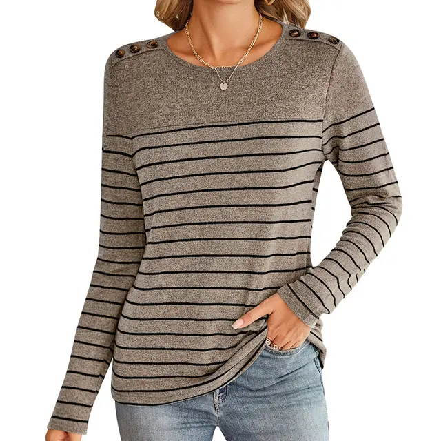 Striped Contrast Color Round Neck Long Sleeve Button Top Khaki - Shop at LoveMi