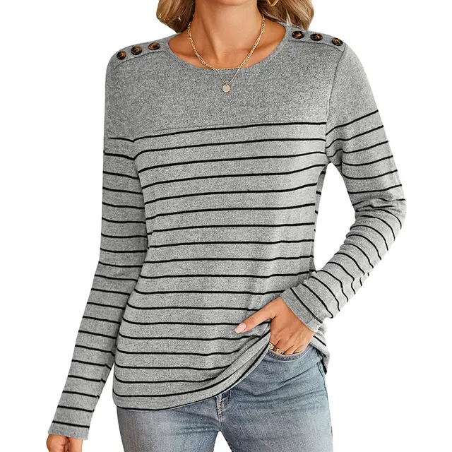 Striped Contrast Color Round Neck Long Sleeve Button Top Light Gray - Shop at LoveMi