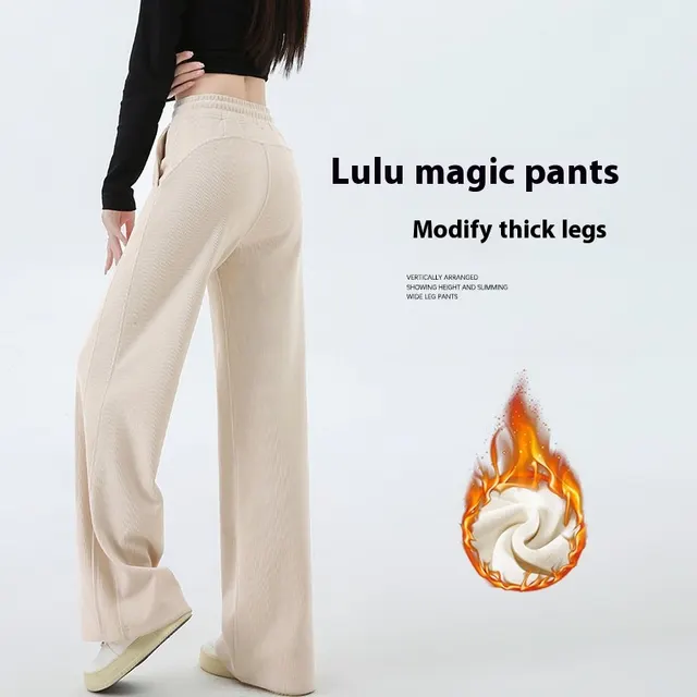 Chenille Wide leg Pants Women's Loose Casual Fleece Corduroy Beige With Plush Long - Shop at LoveMi