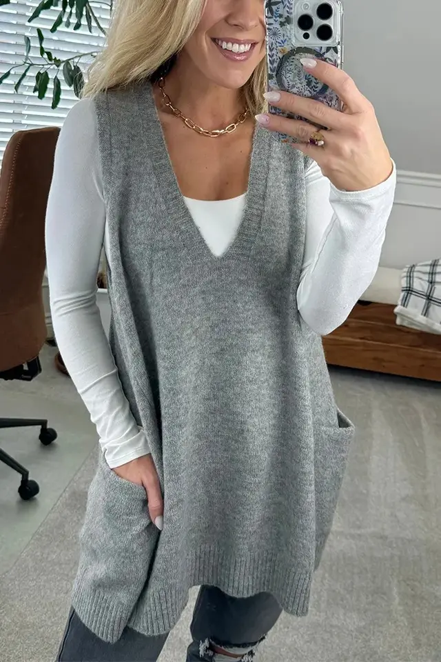 Casual Loose Knitted Sweater Vest For Women Gray - Shop at LoveMi