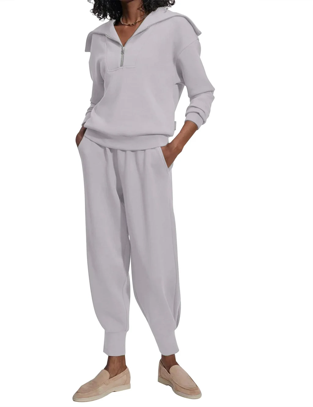 Long Sleeve Lapel Sweatshirt High Waist Workout Pants Two-piece Set - Light Grey