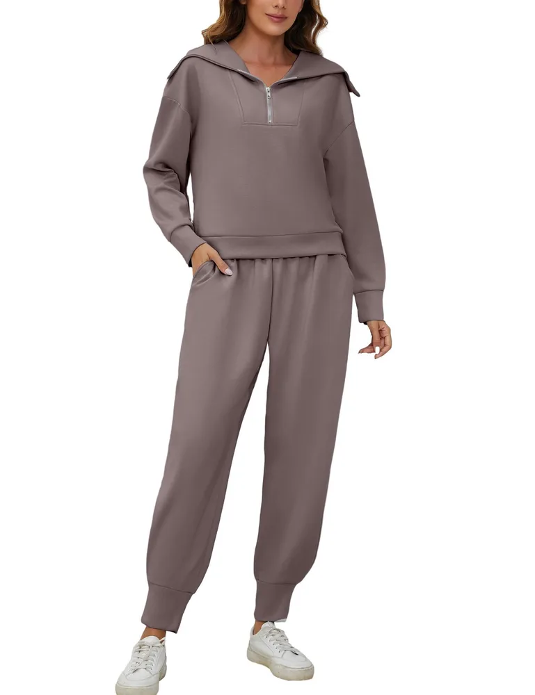 Long Sleeve Lapel Sweatshirt High Waist Workout Pants Two-piece Set - Rhododendron Color