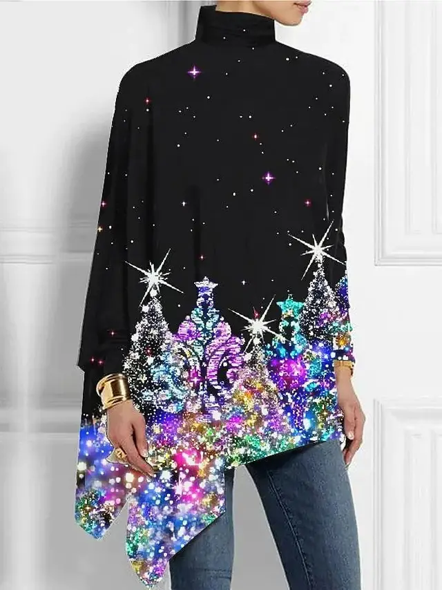 Irregular Hem Loose Casual Print Long Sleeve Turtleneck Bottoming Shirt Glt15 - Shop at LoveMi
