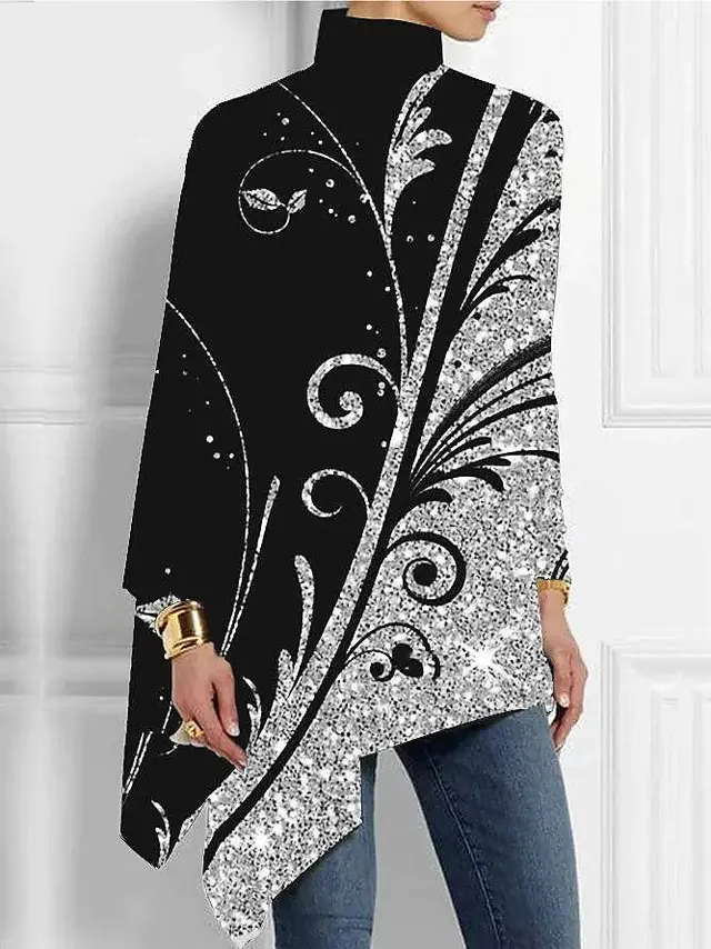 Irregular Hem Loose Casual Print Long Sleeve Turtleneck Bottoming Shirt Glt16 - Shop at LoveMi