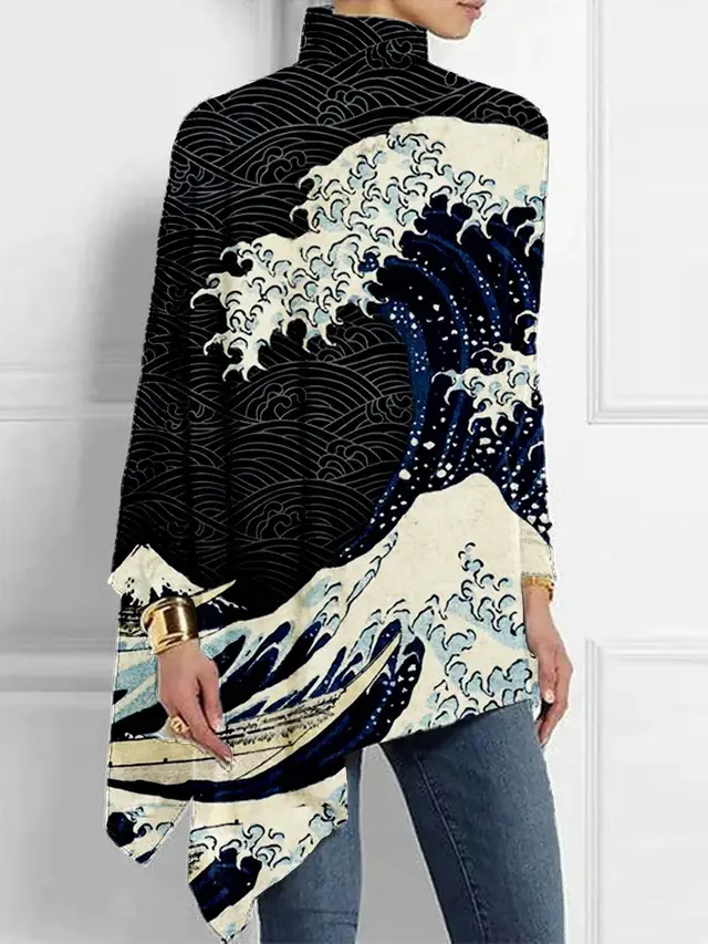 Irregular Hem Loose Casual Print Long Sleeve Turtleneck Bottoming Shirt Glt17 - Shop at LoveMi