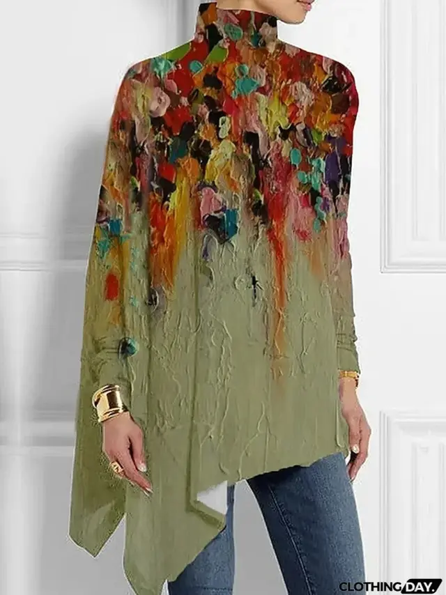 Irregular Hem Loose Casual Print Long Sleeve Turtleneck Bottoming Shirt Glt19 - Shop at LoveMi