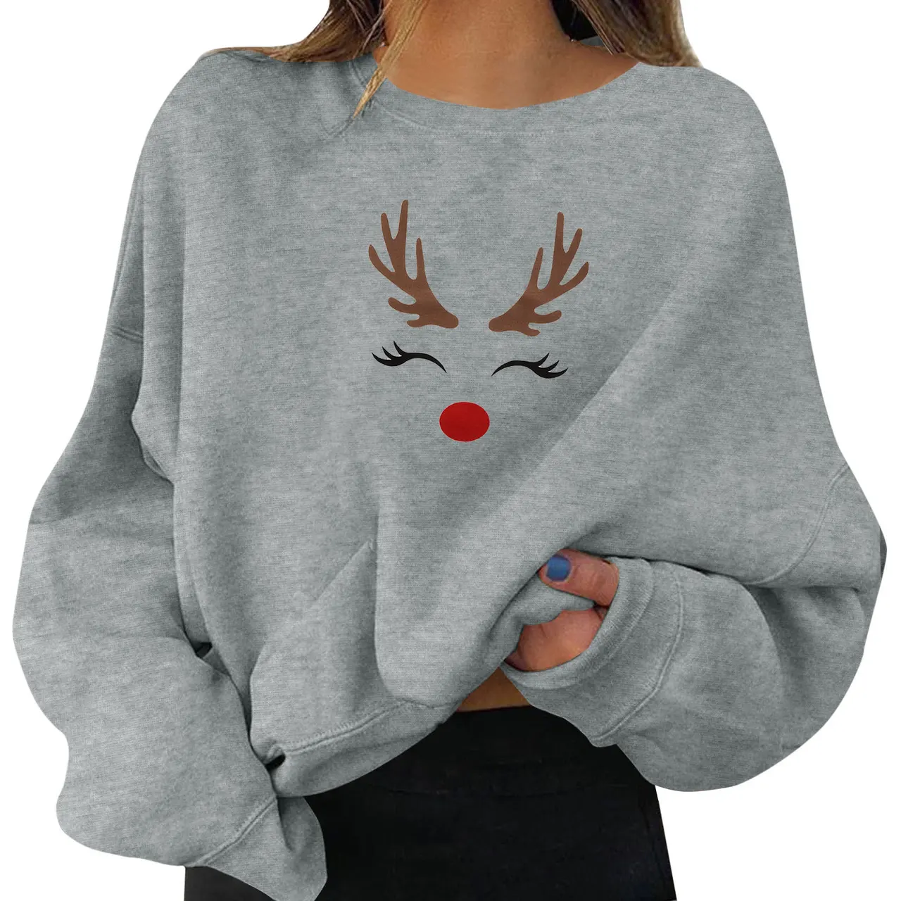 New Christmas Simple Loose Personality Round Neck Print Sweatshirt - Gray