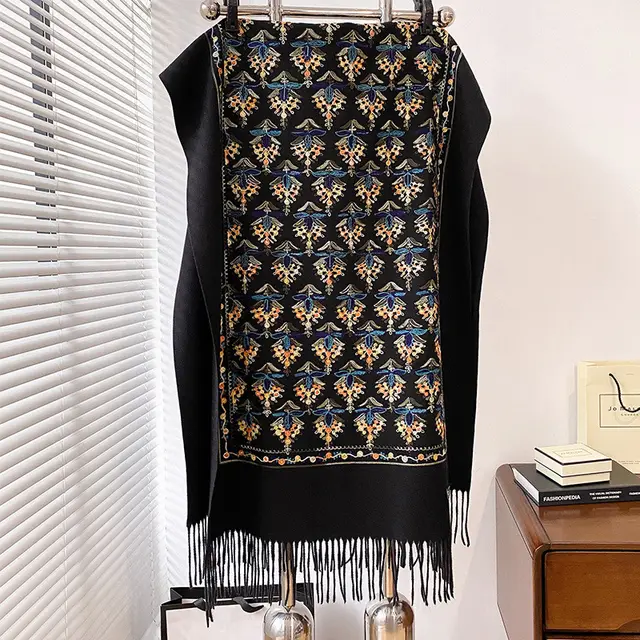 Artistic Artificial Cashmere Scarf Embroidery Embroidery Warm Thickened Long Fringe Travel Shawl Black - Shop at LoveMi