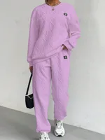 Women's Jacquard Long Sleeve Casual Round Neck Sweater Trousers Suit - Violet-S