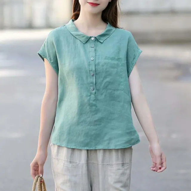 Summer New Short Sleeve Doll Collar Fashion Tops Green - Shop at LoveMi
