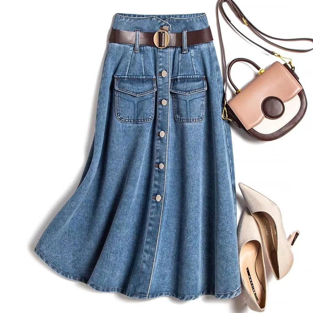 Pleated Skirt High Waist Slimming Sense Of Design Casual Denim Skirt Blue - Shop at LoveMi
