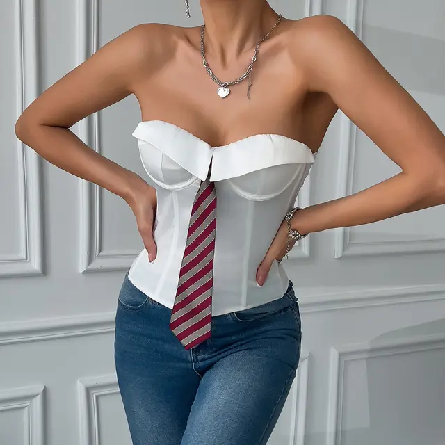 Satin Tie Solid Color Fishbone Lace up Steel Ring Top White - Shop at LoveMi