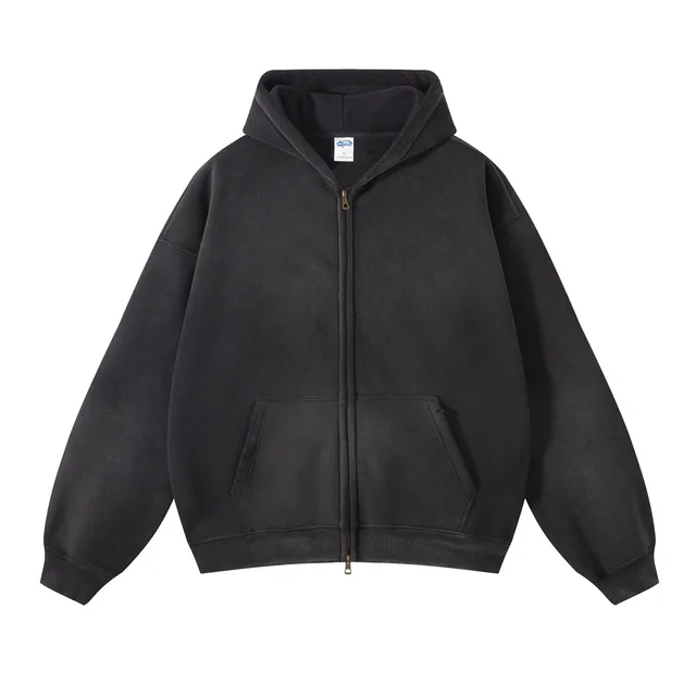 Spray Dyed Washed And Worn Zipper Sweater 2666 Black - Shop at LoveMi