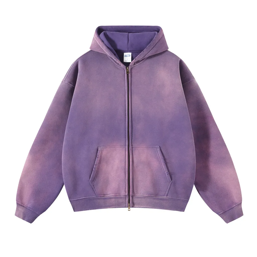 Spray Dyed Washed And Worn Zipper Sweater - 2666 Purple