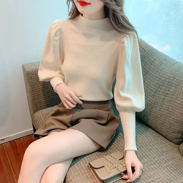 Half Turtleneck Lantern Sleeve Inner Wear Blouse Women's Fashion Apricot - Shop at LoveMi