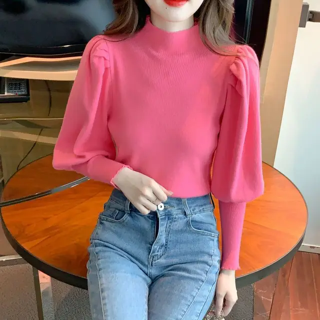 Half Turtleneck Lantern Sleeve Inner Wear Blouse Women's Fashion Rose Red - Shop at LoveMi