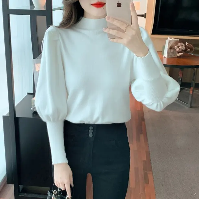 Half Turtleneck Lantern Sleeve Inner Wear Blouse Women's Fashion White - Shop at LoveMi