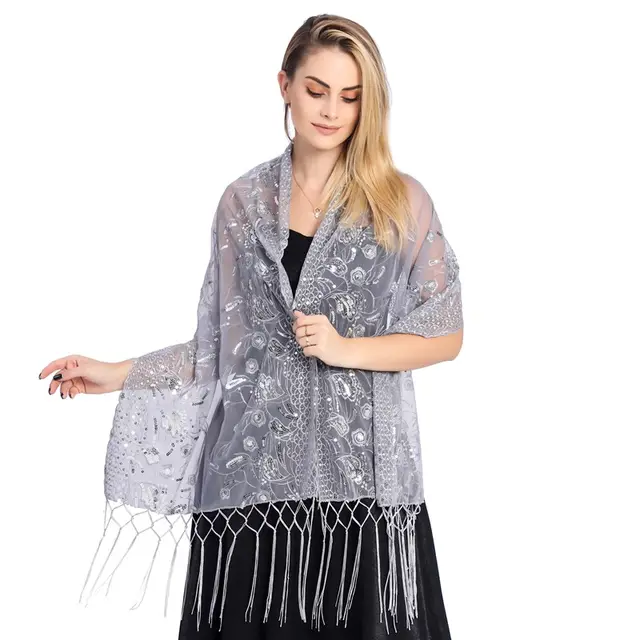 Elegant Debutante Gala Dinner Sequined Tassel Shawl Bride Gray - Shop at LoveMi
