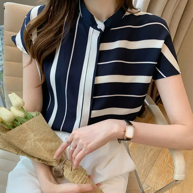 Temperament Contrast Color Small Stand Collar Stitching Short Sleeve Shirt 0057 Picture Color - Shop at LoveMi