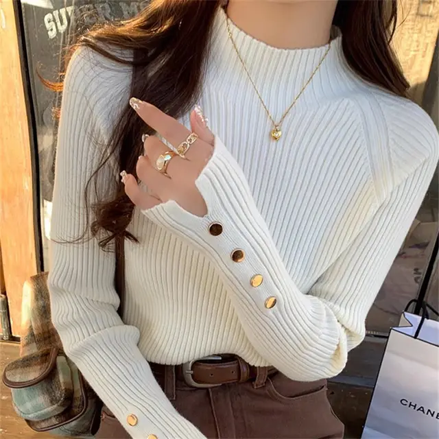 Artistic Trendy Semi high Collar Sweater Inner White - Shop at LoveMi