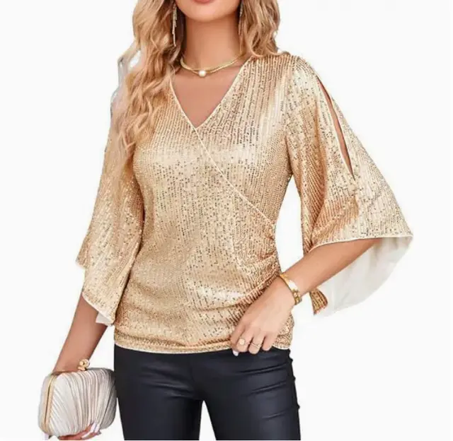 Loose Mid length Sequined T shirt Women's Short Sleeve Champagne - Shop at LoveMi