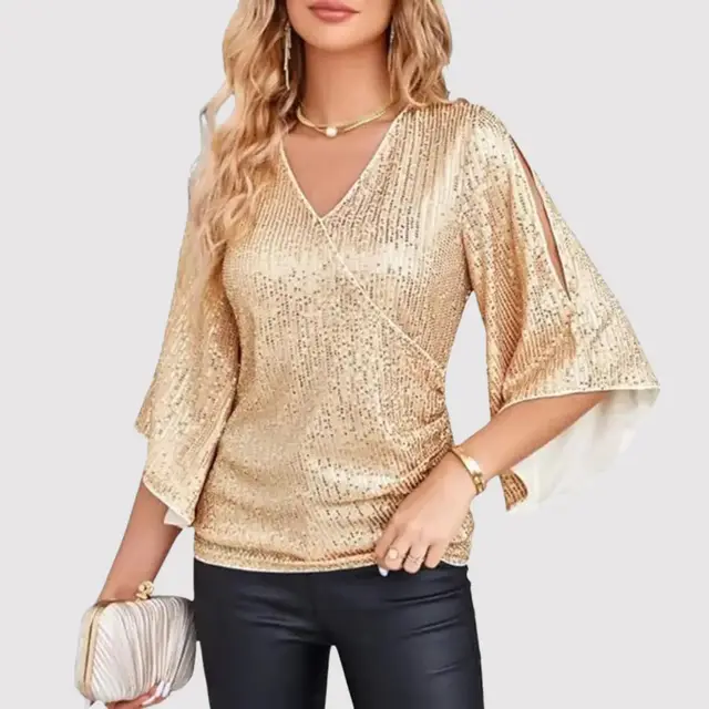 Loose Mid length Sequined T shirt Women's Short Sleeve Gold - Shop at LoveMi