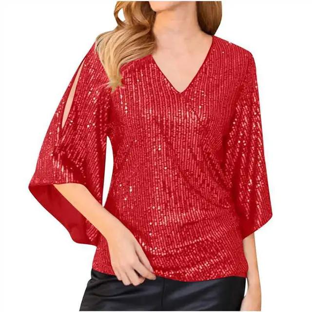 Loose Mid length Sequined T shirt Women's Short Sleeve Red - Shop at LoveMi