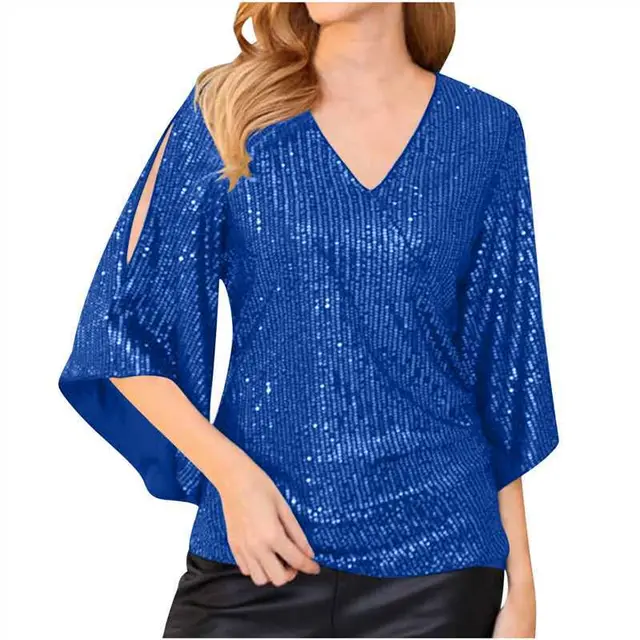 Loose Mid length Sequined T shirt Women's Short Sleeve Sapphire Blue - Shop at LoveMi