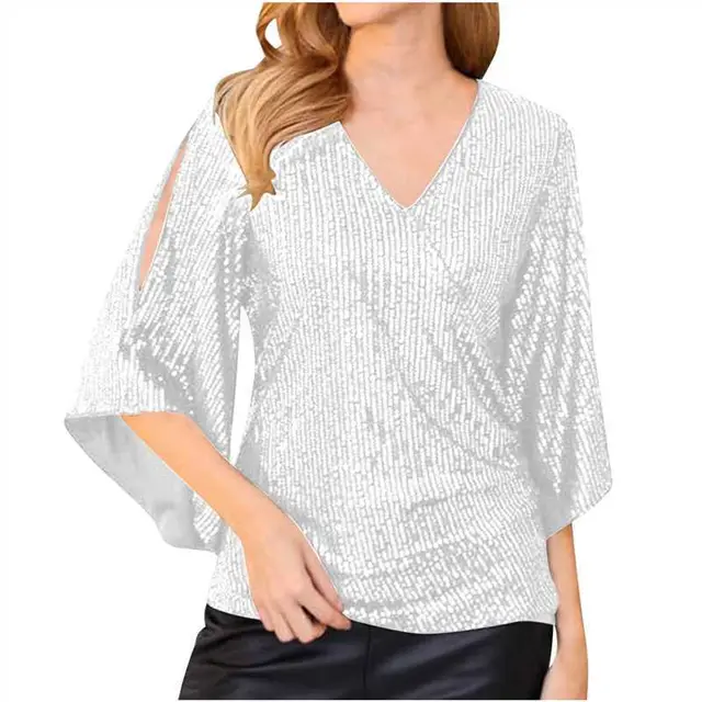 Loose Mid length Sequined T shirt Women's Short Sleeve White - Shop at LoveMi