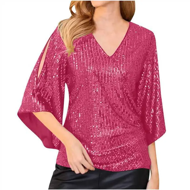 Loose Mid length Sequined T shirt Women's Short Sleeve Wine Red - Shop at LoveMi