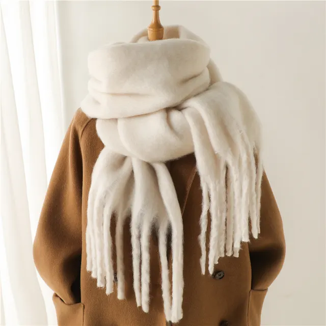 Solid Color Versatile Winter Warm Extended Tassel Scarf Beige - Shop at LoveMi