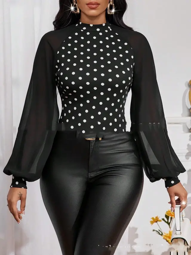 Women's Fashion Patchwork Polka Dot Top Black - Shop at LoveMi