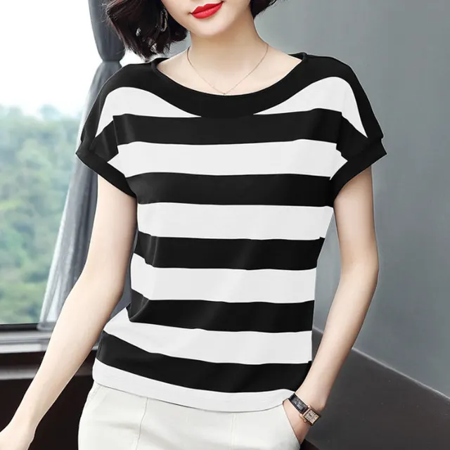 Striped Loose Short sleeved T shirt For Women Black And White - Shop at LoveMi