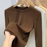 Double-sided Bottoming Shirt Sweater Basic Round Neck Brushed Long Sleeve Keep Warm Inner Match - Round Neck Dark Coffee Color