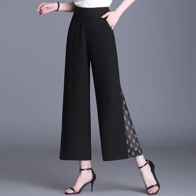 High Waist Loose And Slimming Black Cropped Drape Chiffon Pants - 9111