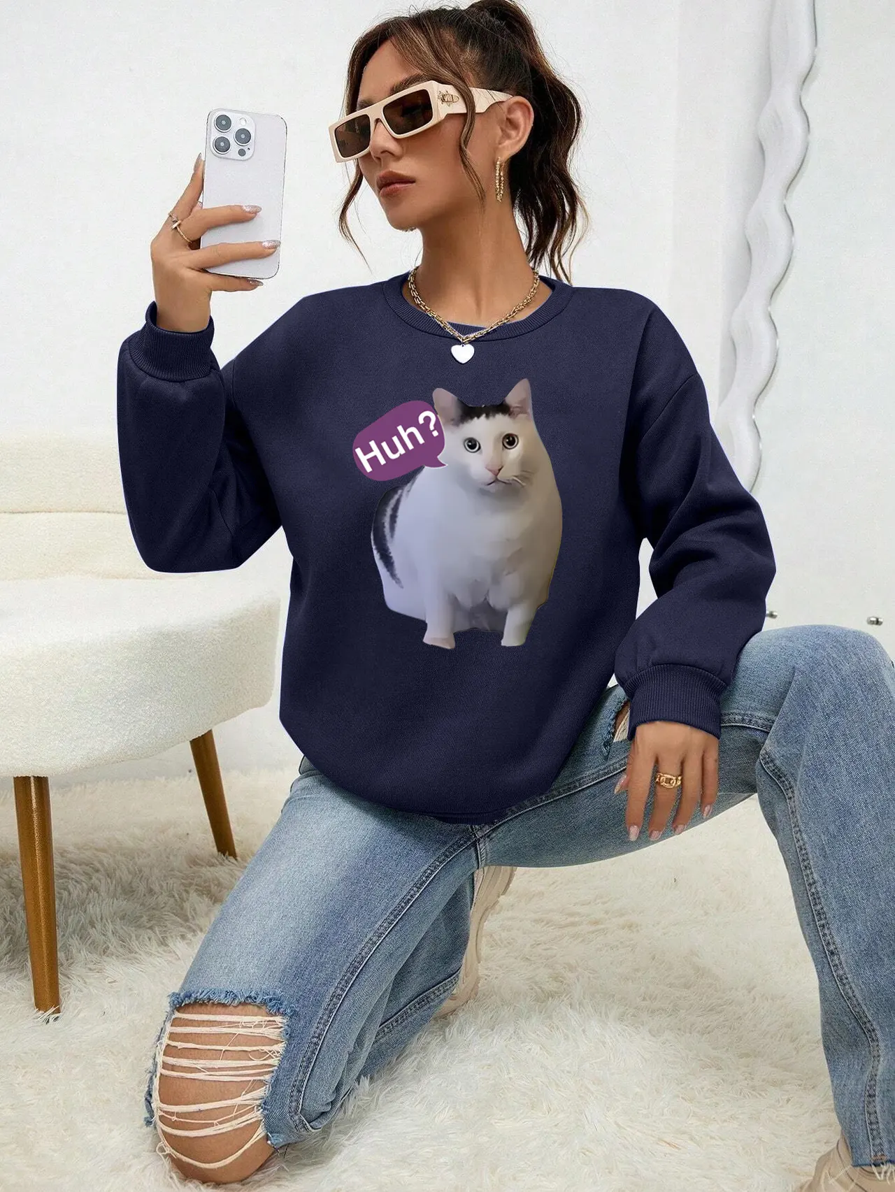 Fashion Cat Personalized Printed Women's Sweater - Darkblue