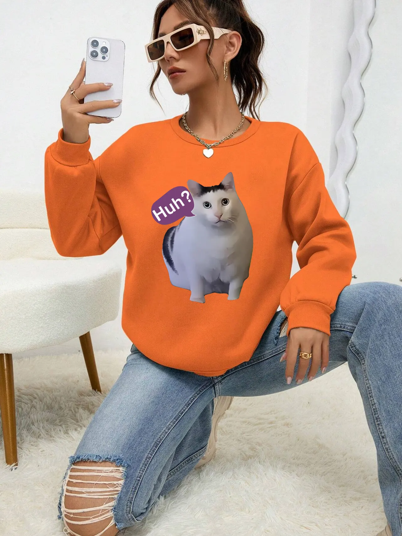 Fashion Cat Personalized Printed Women's Sweater - Orange