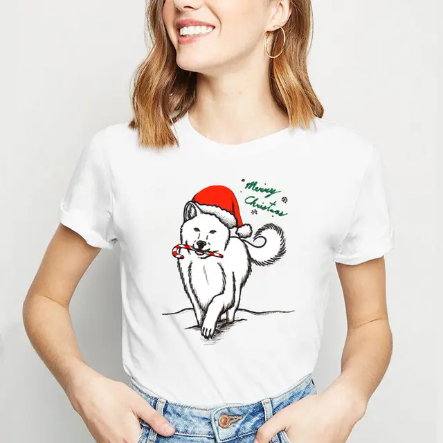 Christmas Lady Cute Dog Printed Short sleeved Top Casual 2772 Style - Shop at LoveMi