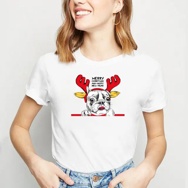 Christmas Lady Cute Dog Printed Short sleeved Top Casual 2774 Style - Shop at LoveMi