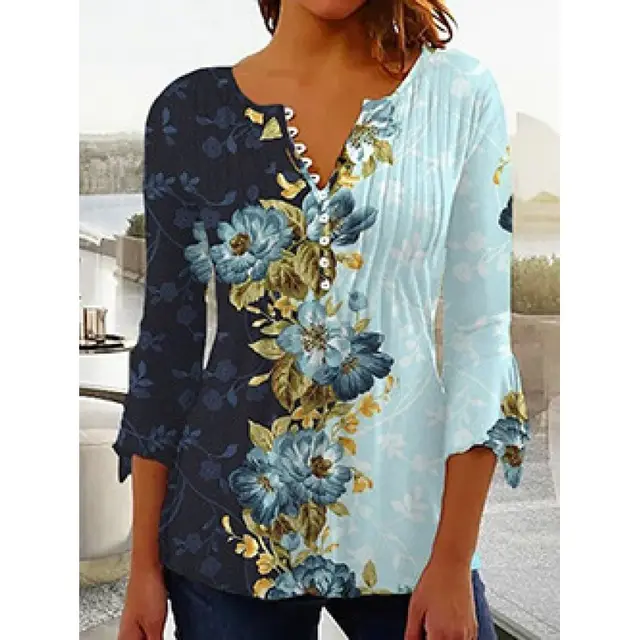 Women's Digital Printing V neck Long t shirt Q3Wtxba70Op022401 - Shop at LoveMi
