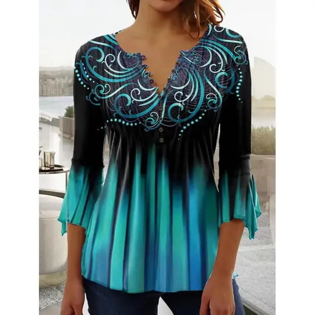 Women's Digital Printing V neck Long t shirt Q3Wtxba70Op112801 - Shop at LoveMi