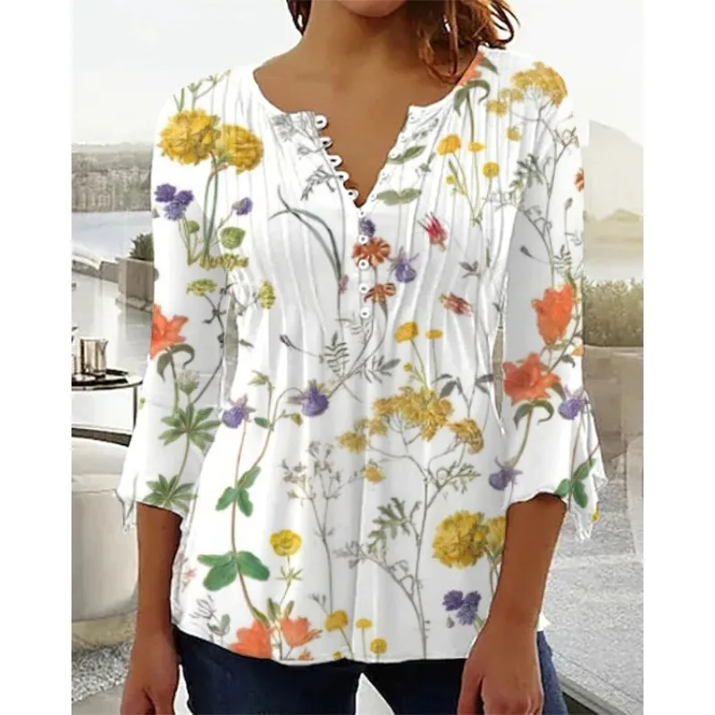 Women's Digital Printing V-neck Long-t-shirt - Q3Wtxba70Yj051501