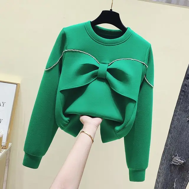 Fashionable All match Round Neck Diamond Bow Sweater Green - Shop at LoveMi