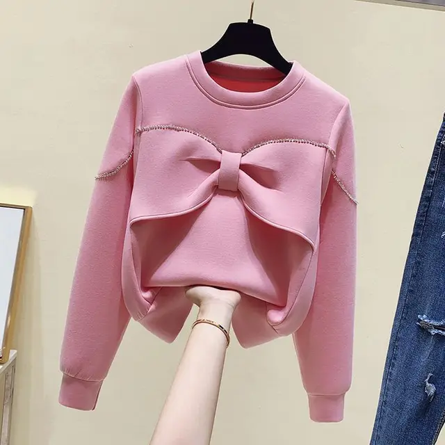 Fashionable All match Round Neck Diamond Bow Sweater Pink - Shop at LoveMi