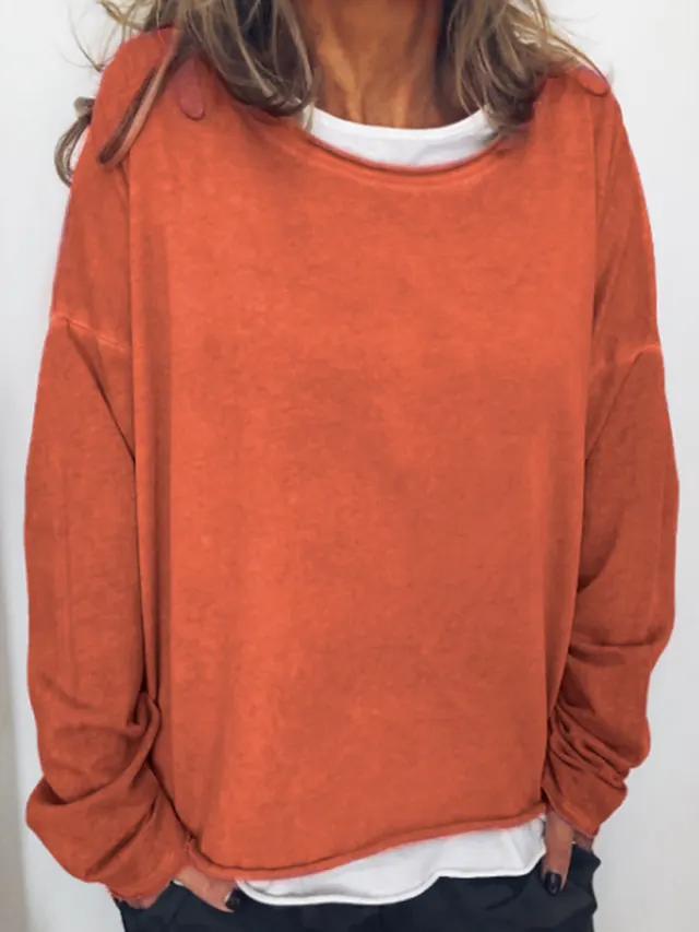 Solid Color Long Sleeve Casual Loose Top Women Orange Red - Shop at LoveMi