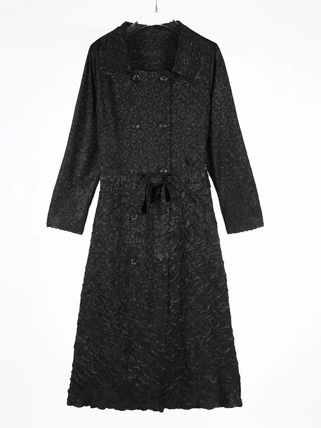 Women's Pleated Lapel Double Breasted Lace up Waist Mid length Trench Coat Black - Shop at LoveMi
