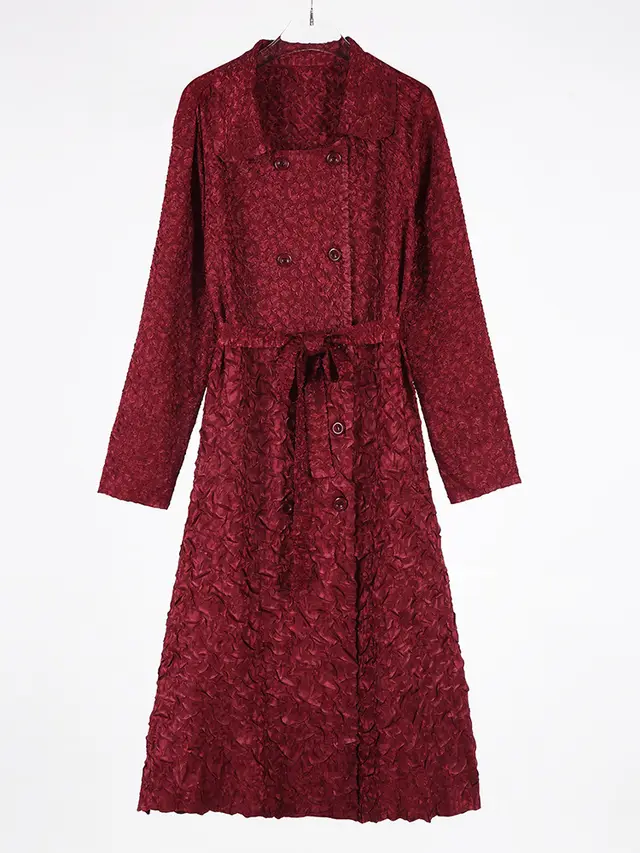 Women's Pleated Lapel Double Breasted Lace up Waist Mid length Trench Coat Wine Red - Shop at LoveMi