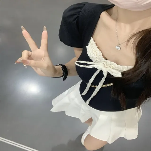 Wooden Ear Stitching Fake Two Pieces Short Sleeve T shirt Top Black - Shop at LoveMi