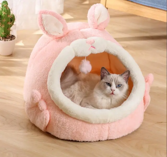 Bejirog Pink Screaming Rabbit Cat Nest Autumn And Winter Semi closed Cat House Pink Small 29X31X26 - Shop at LoveMi